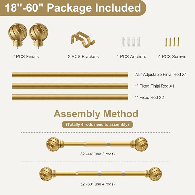 Gold Curtain Rods for Windows 28 to 48 Inch 7/8" Diamete Heavy Duty Adjustable Window Curtain Rod with Decorative Finials for Farmhouse Bedroom Living Room Kitchen Outdoor