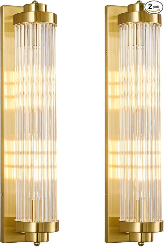 Gold Wall Sconces Set of Two with Crystal Glass Strip Bathroom Sconces 2 Light E12 Base Modern Wall Lights for Bedroom Living Room Hallway Wall Light Fixtures