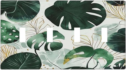 Boho Tropical Green Leaf Watercolor Banana Leaves Light Switch Covers Quad Toggle Electrical Faceplate 4 Gang Wall Plate Decorative Switch Plates For Bed Room Living Room Decor