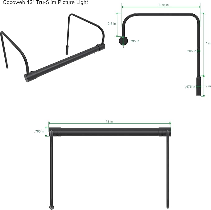 Cocoweb 12 Inch Tru-Slim Oil Rubbed Bronze Picture Light - LED, 2700K, Adjustable Arm, Plug-in, Toggle Switch, Sleek and Compact Design