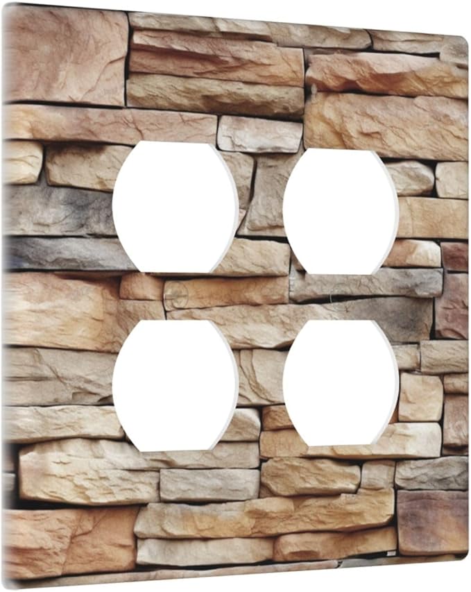 Outlet Covers Stone Textured Brown Brick Natural Stone 2 Gang Double Duplex Decorative Light Switch Covers Electrical Wallplates Socket Faceplate For Farmhouse Cabin Decor