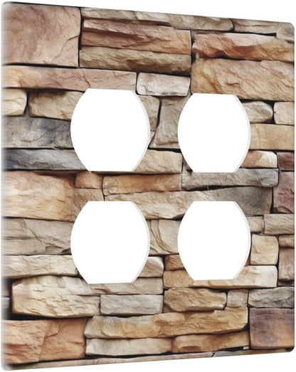 Outlet Covers Stone Textured Brown Brick Natural Stone 2 Gang Double Duplex Decorative Light Switch Covers Electrical Wallplates Socket Faceplate For Farmhouse Cabin Decor