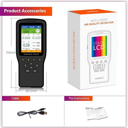 Air Quality Monitor Indoor, 8 in 1 Formaldehyde Detector, voc Meter, Detect Indoor HCHO,TVOC,AQI,PM2.5,PM10,PM1.0,Temperature and Humidity Tester. Colorful LCD Screen & USB Charging