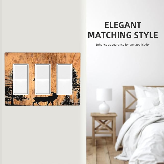 Light Switch Covers Rustic Farmhouse Orange Brown Pine Tree Deer Wood Grain 3 Gang Rocker Electrical GFCI Decorative Triple Outlet Wall Plate Cover Switchplate for living Room Cabin