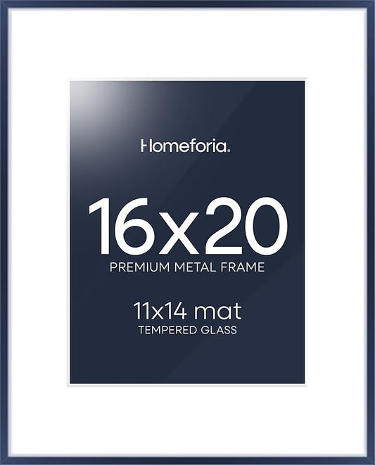 Homeforia 16x20 Navy Blue Picture Frame, High End Metal 16x20 Poster Frames with Mat 11x14 inch Photo, 16 x 20 Navy Blue Frame Matted to 11 by 14 Print, 20x16 Frame, Tempered Glass, Wall Kit, Set of 1