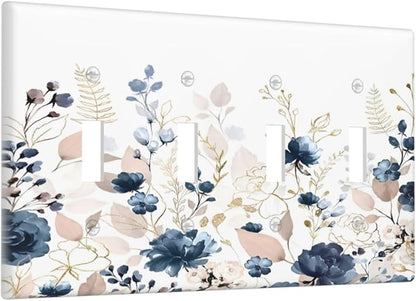 Blue Flora Boho Vintage Flower Golden Leaves Light Switch Covers Quad Toggle Electrical Faceplate 4 Gang Wall Plate Decorative Switch Plates Cover for Bedroom Living Room Decor