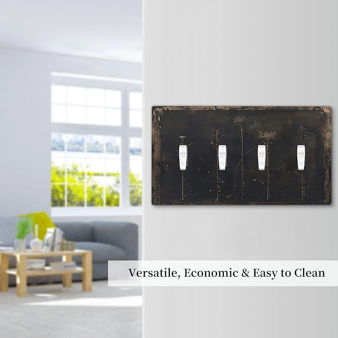 Light Switch Cover Plate Black And White Dandelion Art Vintage Wood Grain 4 Gang Quad Toggle Wall Plate Electrical Outlet Cover Decorative Switch Plate Covers for Farmhouse Cabin Decor