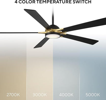 Rotary Indoor and Outdoor 5-Blade 65in Smart Home Ceiling Fan in Matte Black Soft Brass with 2700-3000-4000-5000K Selectable LED Light Kit and Remote Control works with iOS or Android WAC App