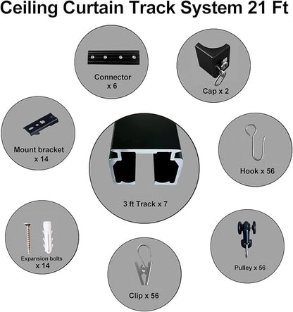 Ceiling Mount Curtains Track Room Divider Privacy Partition Separator Curtain Tracks Rods Heavy Duty RV Shower Outdoor Rail Clip Hook Set, Black 3-21ft