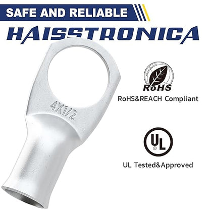 haisstronica 10pcs 4 AWG - 1/2" (M12) Tinned Copper Battery Lugs, Heavy Duty Copper Wire Lugs with 10pcs 3:1 Adhesive Heat Shrink Tubing, 4 Gauge Wire Lugs, Tinned Copper Battery Cable Ends