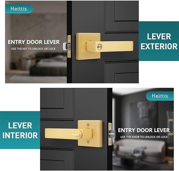 5 Pack Heavy Stain Brass Gold Door Handles, Locked Inside with Button Exterior/Interior Gold Door Knob with Lock Entry Door Lever with Keyed Alike Keys