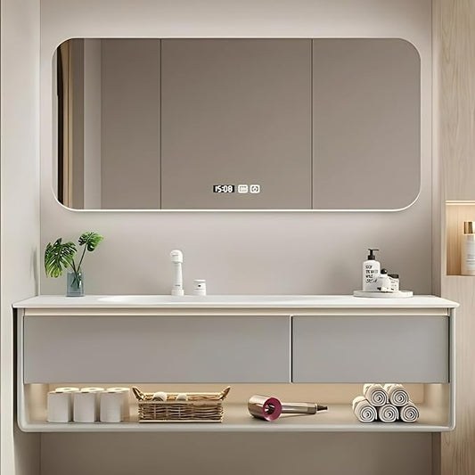 52IN Grey Bathroom Vanity Set - Floating Bathroom Vanity with Single Sink | Including LED Smart Defogging Mirror Cabinet & Time Display Function, Equipped with Motion Sensing Light Strip (Style A)