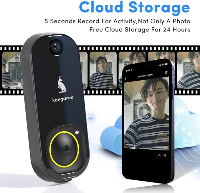 Kangaroo Wireless Doorbell+Chime,HD Camera,Easy Setup,Battery Power,Motion Detection,2.4G WiFi,Real-time Alerts to Phone,Door Bell for Home,Apartment and Office (1 Doorbell+1 Chime)