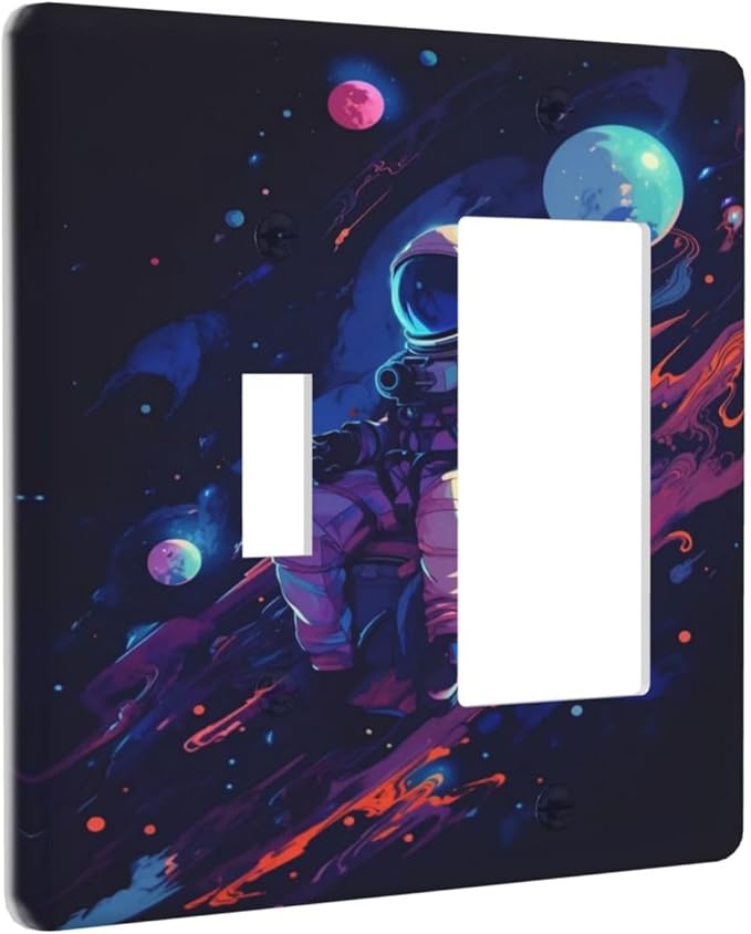 Purple Space Astronaut Planet Decorative Double Gang 1 Gang Wall Plate Cover Single Toggle Rocker Combination Light Switch Cover Plate Jumbo Switch Cover Plate for Bedroom Decor