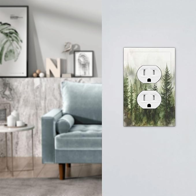 Outlet Covers Green Forest Watercolor Painting Foggy Pine 1 Gang Duplex Wall Plate Decorative Switch Plates Electrical Receptacle Faceplate Light Switch Cover for Bedroom living Room Decor