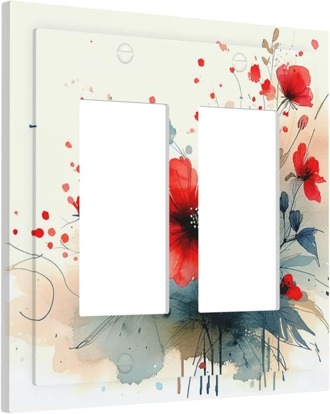 Vintage Floral Red Watercolor Modern Decorative Outlet Covers 2 Gang Double GFCI Rocker Light Switch Cover Plate Electrical Wall Panels for Bedroom Bathroom Decor