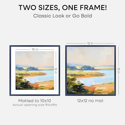 Homeforia 12x12 Picture Frame Navy Blue, High End Metal 12 x 12 Square Poster Frame with Mat 10 x 10 Photo, 12x12 Frame Matted to 10x10 Print, 12by12 Hanging Frames, Tempered Glass, Wall Kit, Set of 2