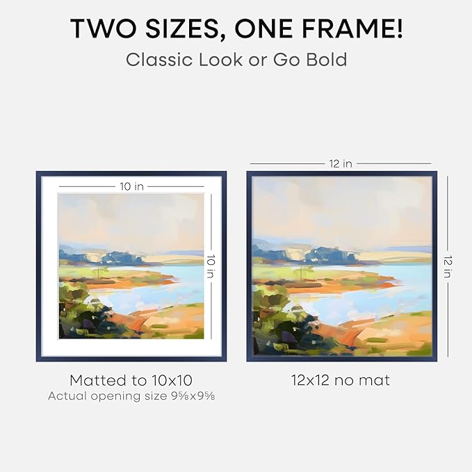 Homeforia 12x12 Picture Frame Navy Blue, High End Metal 12 x 12 Square Poster Frame with Mat 10 x 10 Photo, 12x12 Frame Matted to 10x10 Print, 12by12 Hanging Frames, Tempered Glass, Wall Kit, Set of 1