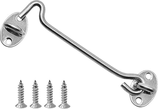 4 Pack 6" Hook and Eye Gate Latch, Stainless Steel Rust-Resistant Barn Door Lock Cabin Hooks for Gate Shutters Window Slide Barn Shed Cabinet Bathroom, with 16pcs Screw,Silver