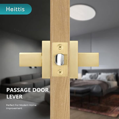 4 Pack Passage Heavy Golden Door Handles,Left and Right Hand Universal, Stain Brass Square Door Handle for Corridor/Hall/Closet/Wardrobe,Residential/Commercial