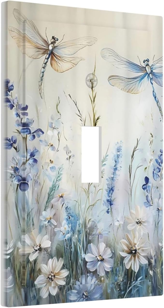 Decorative Light Switch Cover Plate Watercolor Dragonfly Blue Wihte Flower 1 Gang Single Toggle Wall Plates for Electrical Outlets Outlet Covers Switch Plate Covers Faceplate for Home Decor