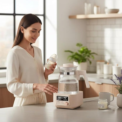 Babysmooth Smart Kettle Pro Electric Glass Kettle, 1.3L Capacity, Digital LED Display, Temperature Control 40-100°C, Auto Keep Warm Function, Silent Operation, Beige, for Tea and Coffee Brewing