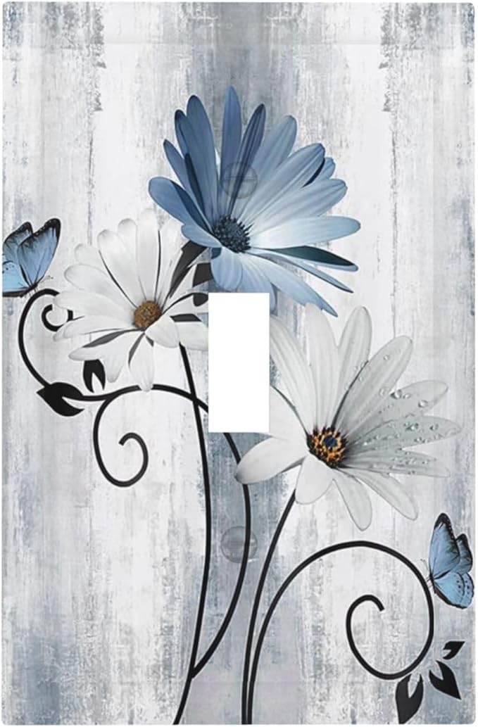 Decorative Light Switch Cover Plate Rustic Blue White Daisy Ink Flower 1 Gang Single Toggle Wall Plates for Electrical Outlets Outlet Covers Switch Plate Covers for Bedroom Home Decor