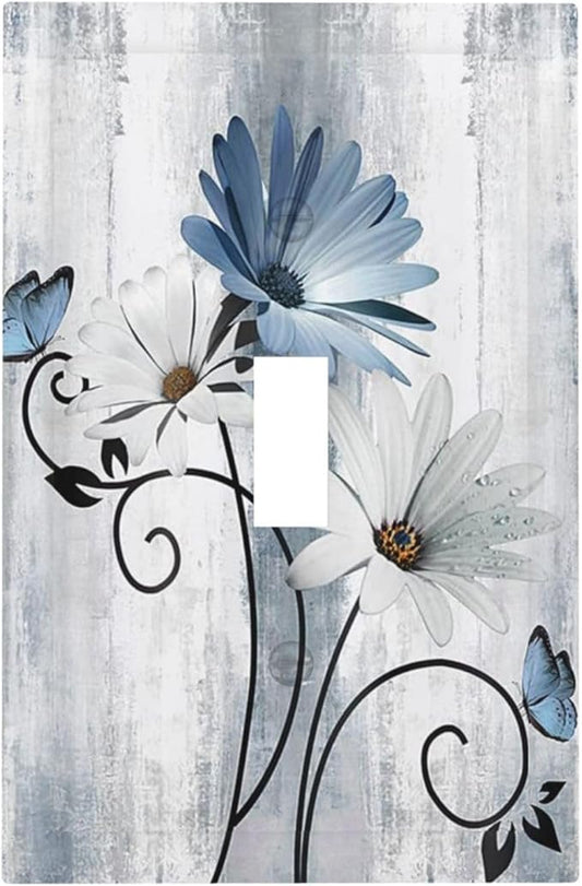 Decorative Light Switch Cover Plate Rustic Blue White Daisy Ink Flower 1 Gang Single Toggle Wall Plates for Electrical Outlets Outlet Covers Switch Plate Covers for Bedroom Home Decor