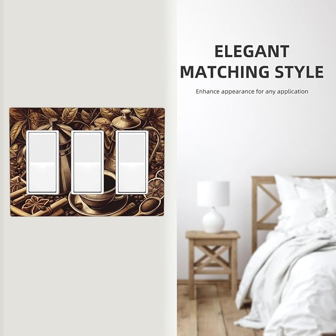 Decorative Outlet Covers Vintage Coffee Beans Leaf Cup 3 Gang Wall Plate Triple Rocker Light Switch Cover Plate Jumbo Electrical GFCI Faceplate for Kitchen Home Decor