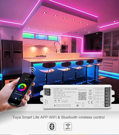 5in1 WB5 2.4GHz WiFi PWM LED Controller Compatible with Alexa Google Home Smart Life Tuya APP for Dimming CCT RGB RGBW RGBCCT LED Strip Light Controller Works with WR01RF WR02RF, DC12V-24V