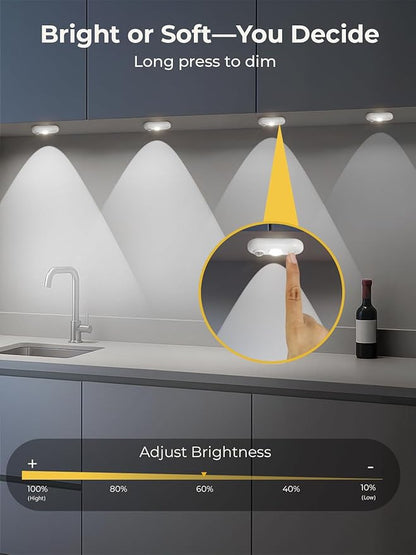 YGS-Tech LED Motion Sensor Light Indoor, Rechargeable Puck Lights, Magnetic Dimmable Under Cabinet Lights, Wireless LED Lights for Closet, Kitchen, Stairs, Daylight White, 6-Pack (White)