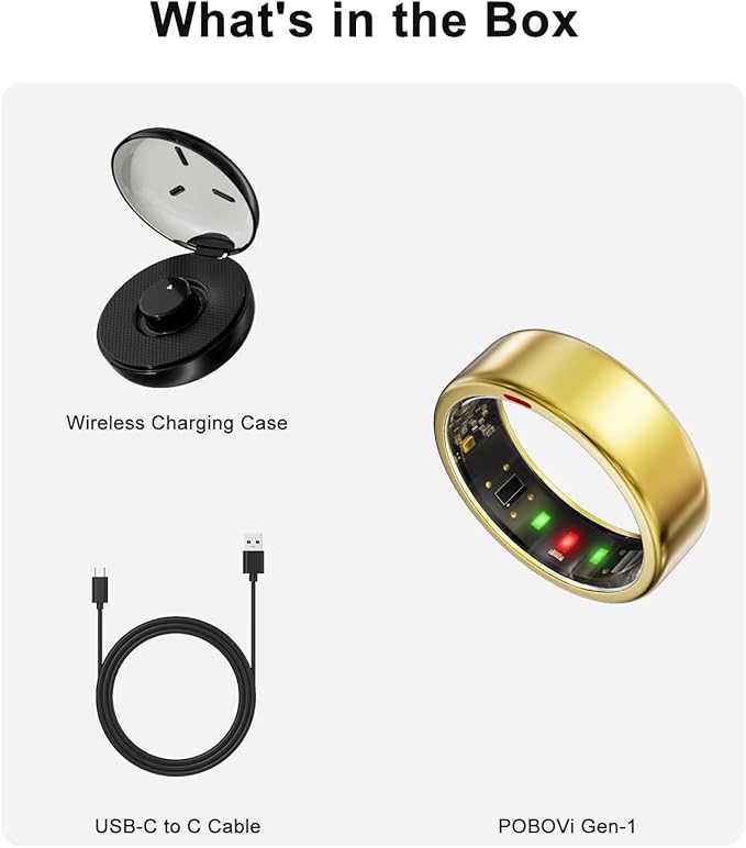 Smart Ring for Women Men- Sleep/Fitness/Stress/Heart Rate Tracker- Menstrual Records - 7 Days Battery Life - Wireless Charging - No APP Subscription - iOS & Android Compatible (Gold, Size 9)