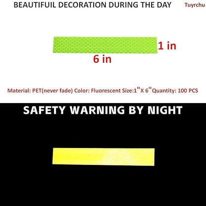 Non Fading Fluorescent Yellow Reflective Stickers 1 inch X 6 inch, Outdoor Waterproof High Visibility Safety Adhesive Reflector (100 Pcs)