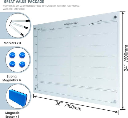 Magnetic Planner Writeboard 24"X36" Weekly Glass Calendar Ultra White Glassboard Premium Tempered Dry Erase Boards Frameless Wall Mounted (Ultra White)