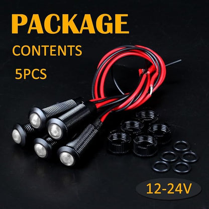5pcs 8mm LED Indicator Light Plastic Black Signal Dot Lamp 12V-24V 5/16" Mounting Hole Size with 15cm/5.9in. Wire (White LED)