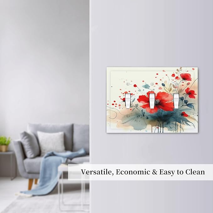 Vintage Floral Red Watercolor Modern Decorative Switch Plates 3 Gang Wall Plate Triple Toggle Light Switch Cover Electrical Wall Panels Faceplate for Bedroom Bathroom Decor