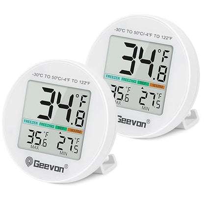 Geevon Small Digital Refrigerator Thermometer 2 Pack, IP65 Waterproof Commercial and Home Use, Max/Min Record Function with LCD Screen, Stand and Magnetic Back, for Fridge, Freezer Scenarios