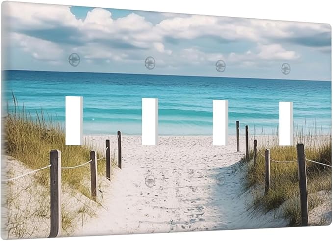 Decorative Light Switch Cover Plate Coastal Beach Ocean Seaside View 4 Gang Wall Plates for Electrical Outlets Quad Toggle Switch Plate Covers Outlet Covers Faceplate for Bedroom Home Decor