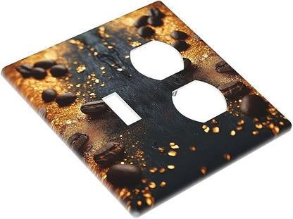Decorative Outlet Covers Black Wood Board Gold Dust Coffee Beans 2 Gang Wall Plate Cover Single Toggle Duplex Combo Two Switch Light Switch Cover Plate Jumbo Face Plate