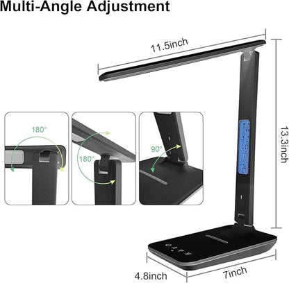 Desk Light with Wireless Charger, USB Charging Port, Dimmable Office Desk Lamp with Clock, Alarm, Date, Temperature, Foldable Lamp for Table Bedroom Bedside Office