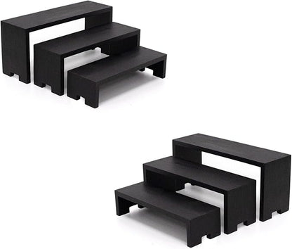 Display Wood Risers Wooden Stand 3 Tier Black Wood Racks Decorative Rectangular, 2 Set 6 Piece Cupcake Stands Cologne Perfume Organizer Dessert Showcase(Black)