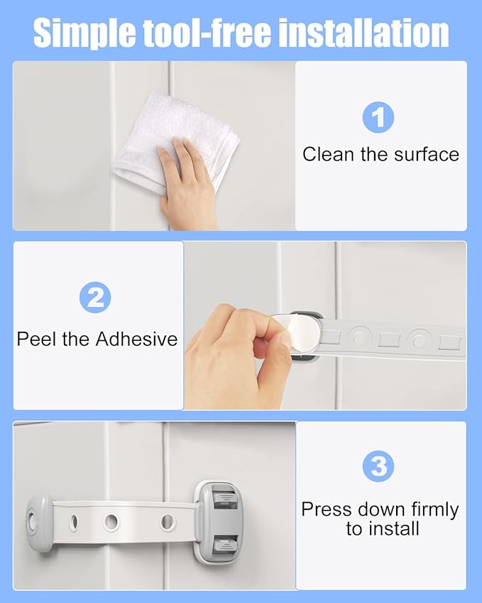 Baby Proofing Child Safety Locks(3 PCS) - Cabinet Locks for Babies,3M Adhesive Cabinet Latches, Multi-Purpose for Fridge Drawers,Ovens Toilet Seats,Trash Can, No Drilling (3 Count)