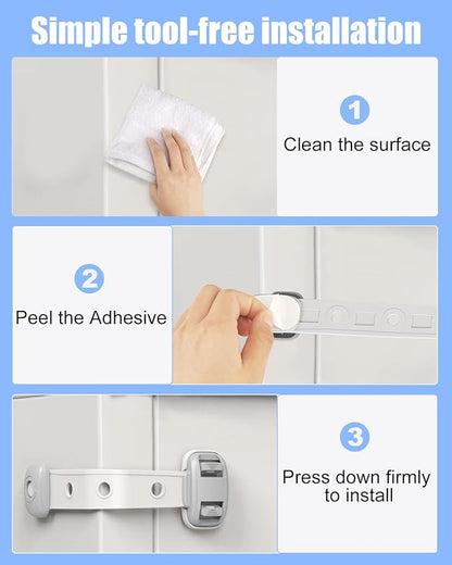Baby Proofing Child Safety Locks(3 PCS) - Cabinet Locks for Babies,3M Adhesive Cabinet Latches, Multi-Purpose for Fridge Drawers,Ovens Toilet Seats,Trash Can, No Drilling (3 Count)