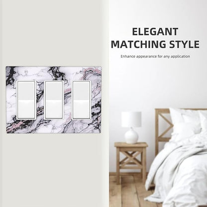 Light Switch Covers White Marble Pattern Black Lines Pink Lines 3 Gang Rocker Electrical GFCI Decorative Triple Outlet Wall Plate Cover Switchplate for living Room Office Decor