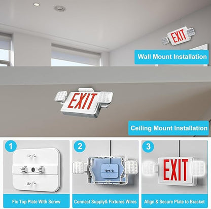 Double Sided LED Emergency EXIT Sign, Exit Combo Remote Capable, Two LED Lights, Backup Battery, US Standard Red Letter, Commercial Grade, 120-277V, FireResistant(UL 94V-0) - 1 Pack