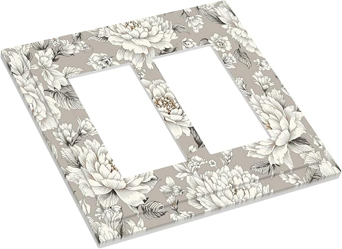 White Poppies Floral Modern Grey Peonies Flowers Decorative Outlet Covers 2 Gang Double GFCI Rocker Light Switch Cover Plate Electrical Wall Panels for Bedroom Bathroom Decor