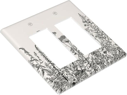 Decorative Outlet Covers Beige Skech Plant Leaves Flowers 2 Gang Wall Plate Double Rocker Two Switch Wall Cover Plate Light Switch Cover Plate Faceplate for Country Bedroom Home Decor