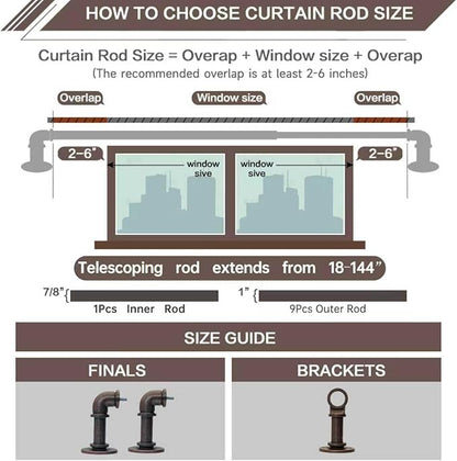 Bronze Curtain Rods 18 to 144 Inch, Industrial Curtain Rods,Adjustable Length,1 in Diameter Pipe,Wall or Ceiling Mounted,for Bedroom and Living Room(Antique Red Bronze 18” to 144”)