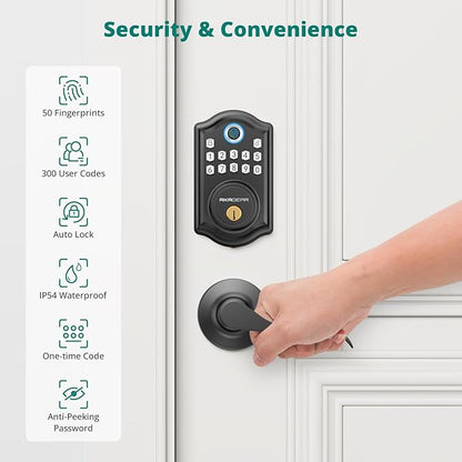DS10 Keyless Entry Door Lock with 2 Lever Handle, Fingerprint, Keypad Code, 2 Keys, Smart Locks for Front Door, Bedroom, One-time Code, Auto-Lock, Easy Installation -Matte Black