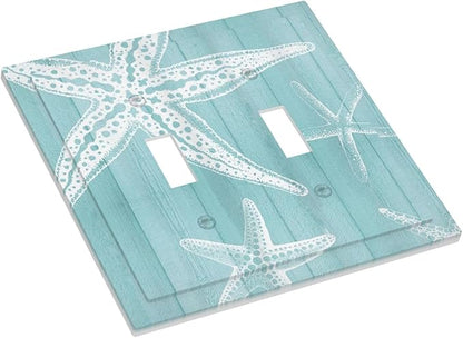 Decorative Light Switch Cover Plate Starfish Teal Wood Board Nautical 2 Gang Outlet Covers Double Toggle Wall Plates for Electrical Outlets Switch Plate Covers Faceplate for Bedroom Home Decor